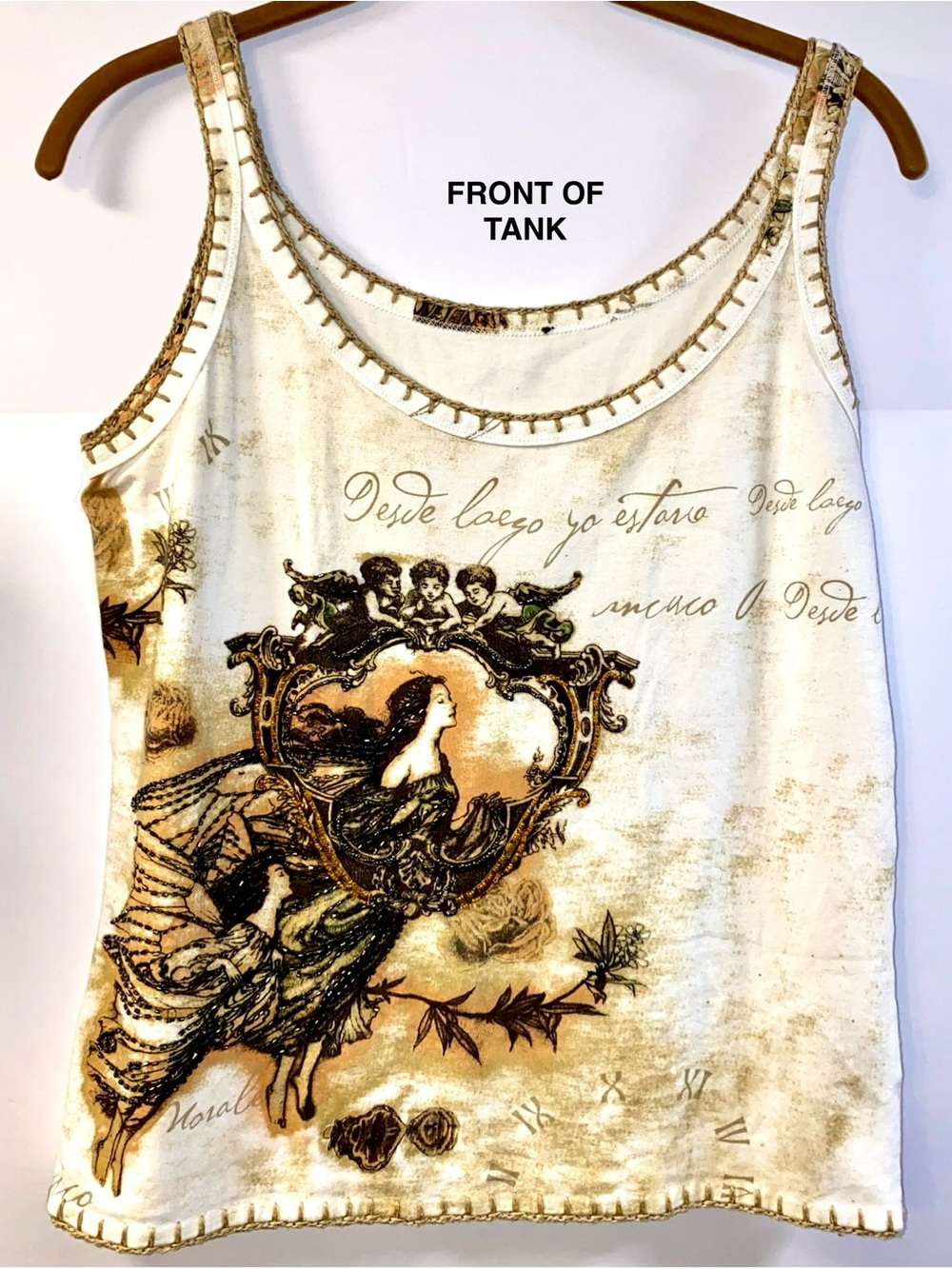 Etolie Du Monde-Tank Top with a angel, cherubs, beadwork, and embroidery